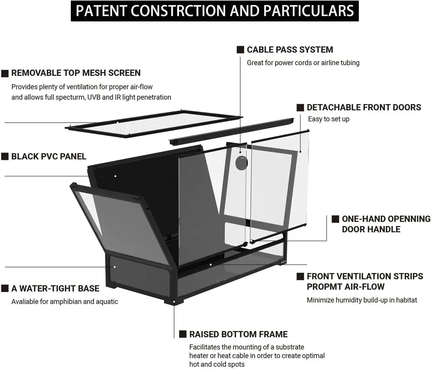 REPTI ZOO Easy Folding Reptile Terrarium 64 Gallon, Full Tempered Glass Reptile Tank 36" x 18"x 24", One-Hand Operation & 2-Minutes Assemble NRK0113 - Image 2