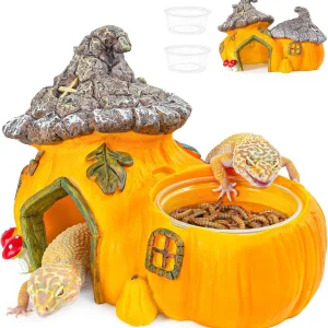 REPTI ZOO Gecko Hide Cave with Feeder, Pumpkin Reptile Hideout for Hermit Crab, Bearded Dragon,Turtle, Snake | Reptile Habitat Terrarium Tank Decor Accessorie