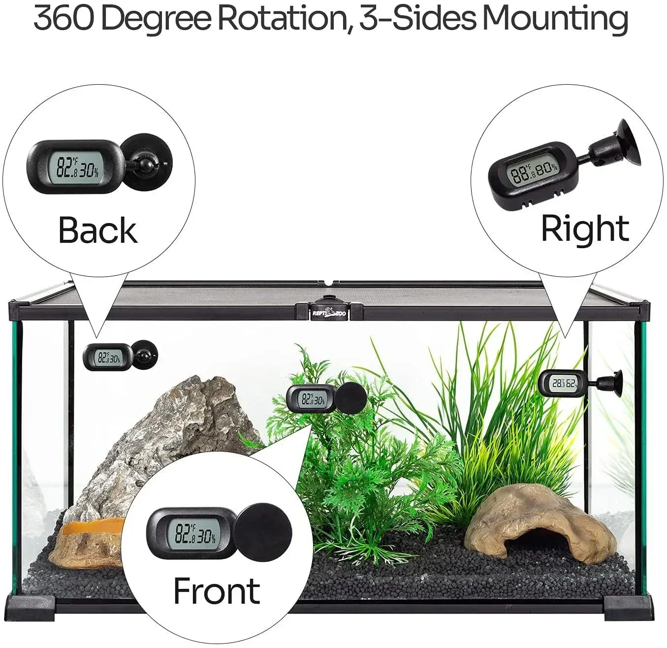 REPTI ZOO Reptile Terrarium Thermometer Hygrometer Digital Display 2PCS 360 Degree Rotation with Suction Cup, 3-Sides Mounting - Image 2