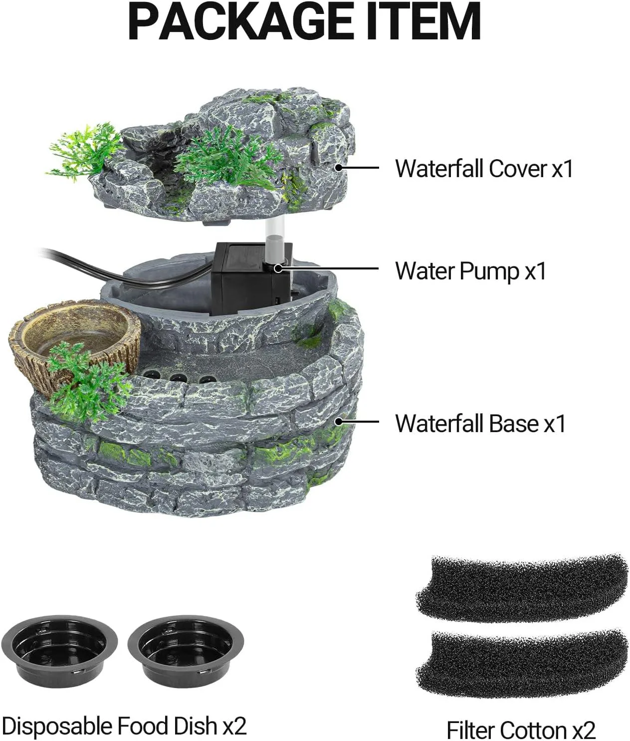 REPTI ZOO Reptile Water Fountain with Food Dish, 550ML Terrarium Waterfall Drinking Fountain to Keep Water Clear - Image 2