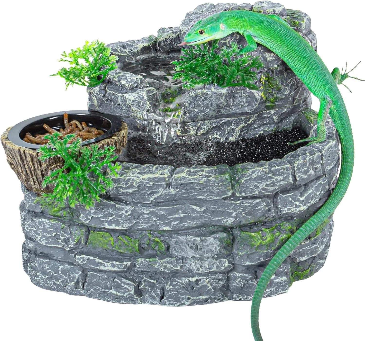 REPTI ZOO Reptile Water Fountain with Food Dish, 550ML Terrarium Waterfall Drinking Fountain to Keep Water Clear