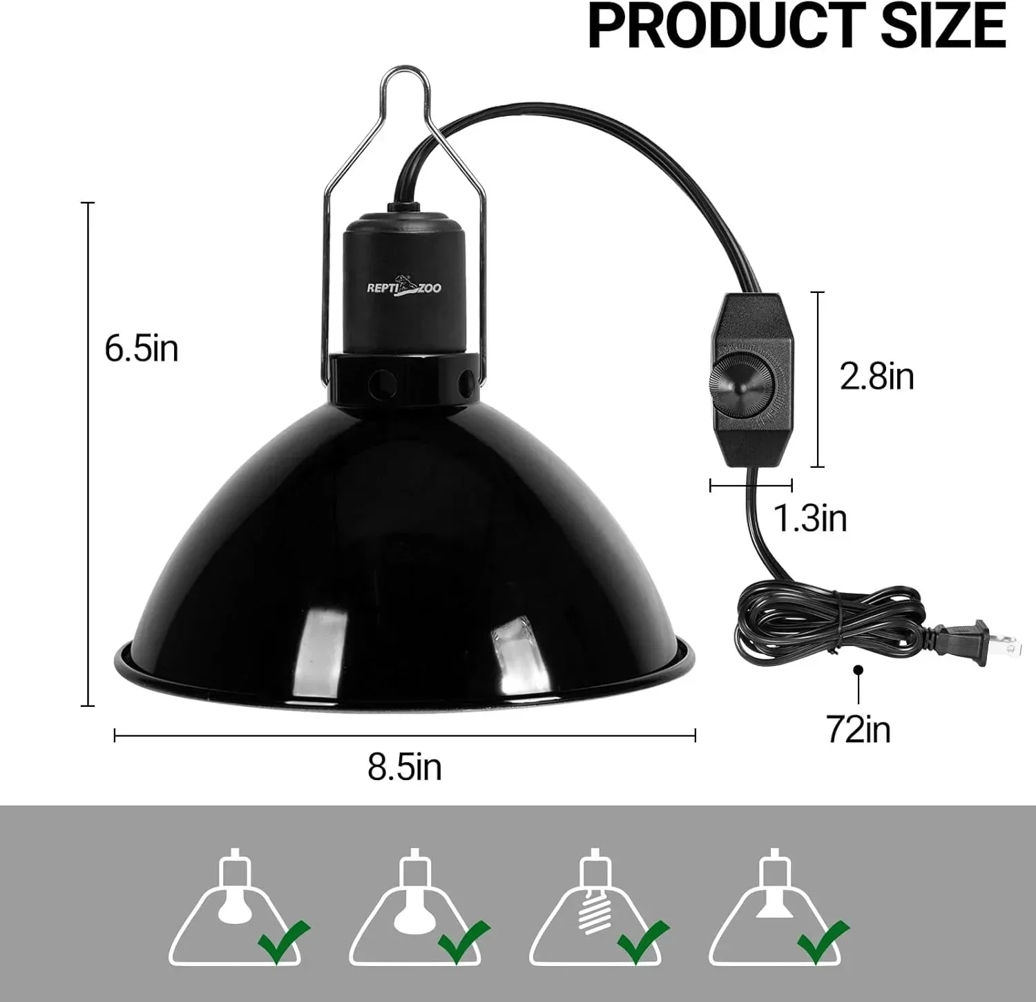 REPTI ZOO Upgrade Reptile Light Fixture with Dimming, 8.5 inch Deep Dome Lamp Fixture for Reptile Tank Terrarium, Reptile Heat Lamp Fixture for UVB UVA Bulb Basking Heat Bulb - Image 2