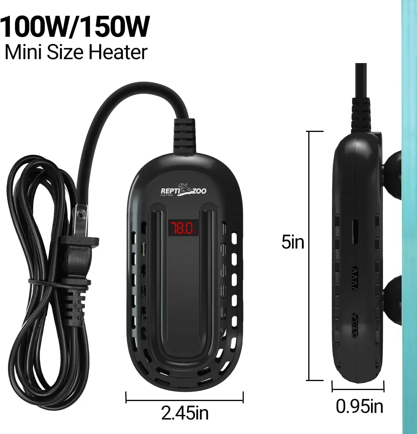 REPTIZOO 100W Aquarium Heater, 78℉ Preset Turtle Heater with LED Digital Display Submersible Mini Fish Tank Heater for 10-20 Gallons Tank, Aquarium Tank Heater for Turtle Betta Fish Tree Frogs - Image 2