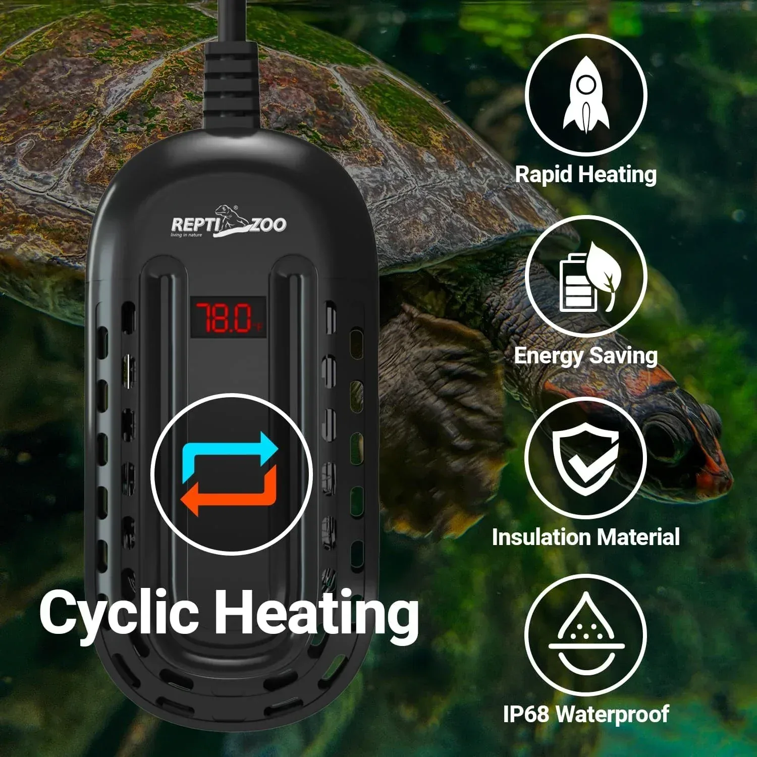 REPTIZOO 150W Aquarium Heater, 78℉ Preset Turtle Heater with LED Digital Display Submersible Mini Fish Tank Heater Aquarium Heater for 18-30 Gallons, Tank Heater for Turtle Betta Fish - Image 2