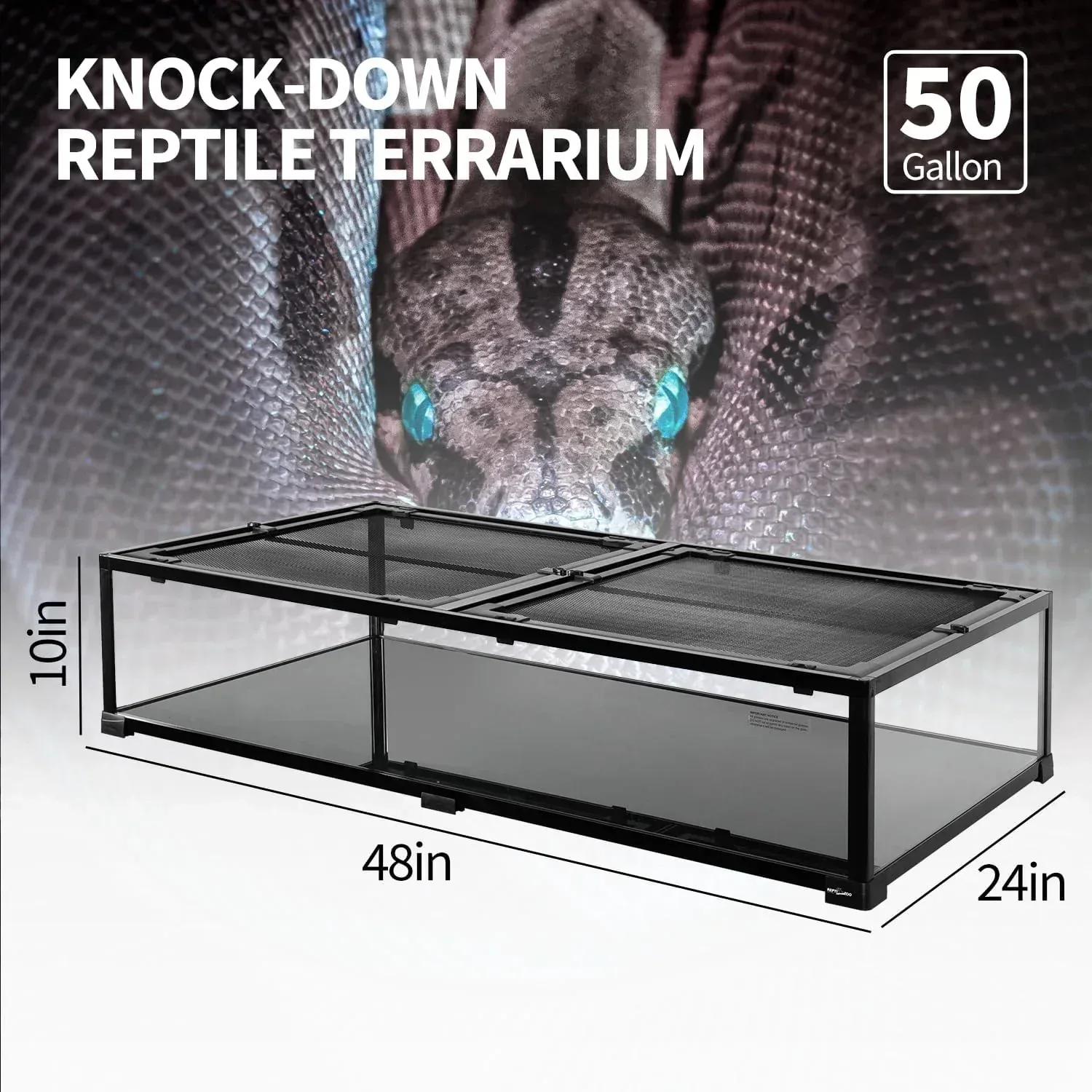 REPTIZOO 50 Gallon Glass Reptile Tank 48" x 24" x 10" Wide & Low Reptile Terrarium - Image 2
