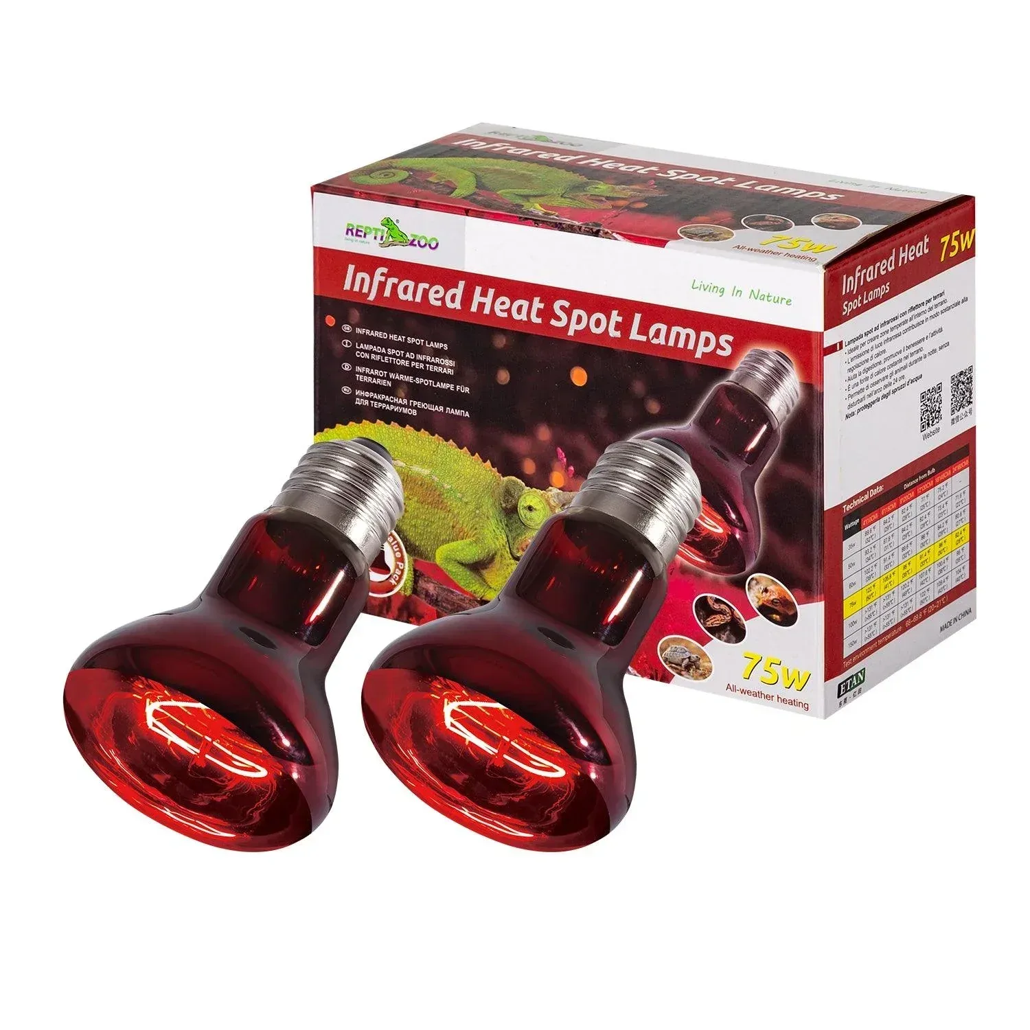 REPTIZOO Reptile 2PCS 110V 75W Night Infrared Heating Spot Lamp for Reptile Pet