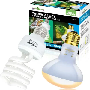 REPTIZOO Reptile Heat Lamp Combo Pack, 100W UVA Daylight Basking Spot Light Heating Lamp and 26W UVA UVB Reptile Light Energy Saving Spiral Compact Lamp UVB Bulb 5.0