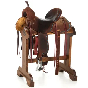 Robert Teskey Used 15in Chocolate with Turquoise Buckstitch Barrel Saddle