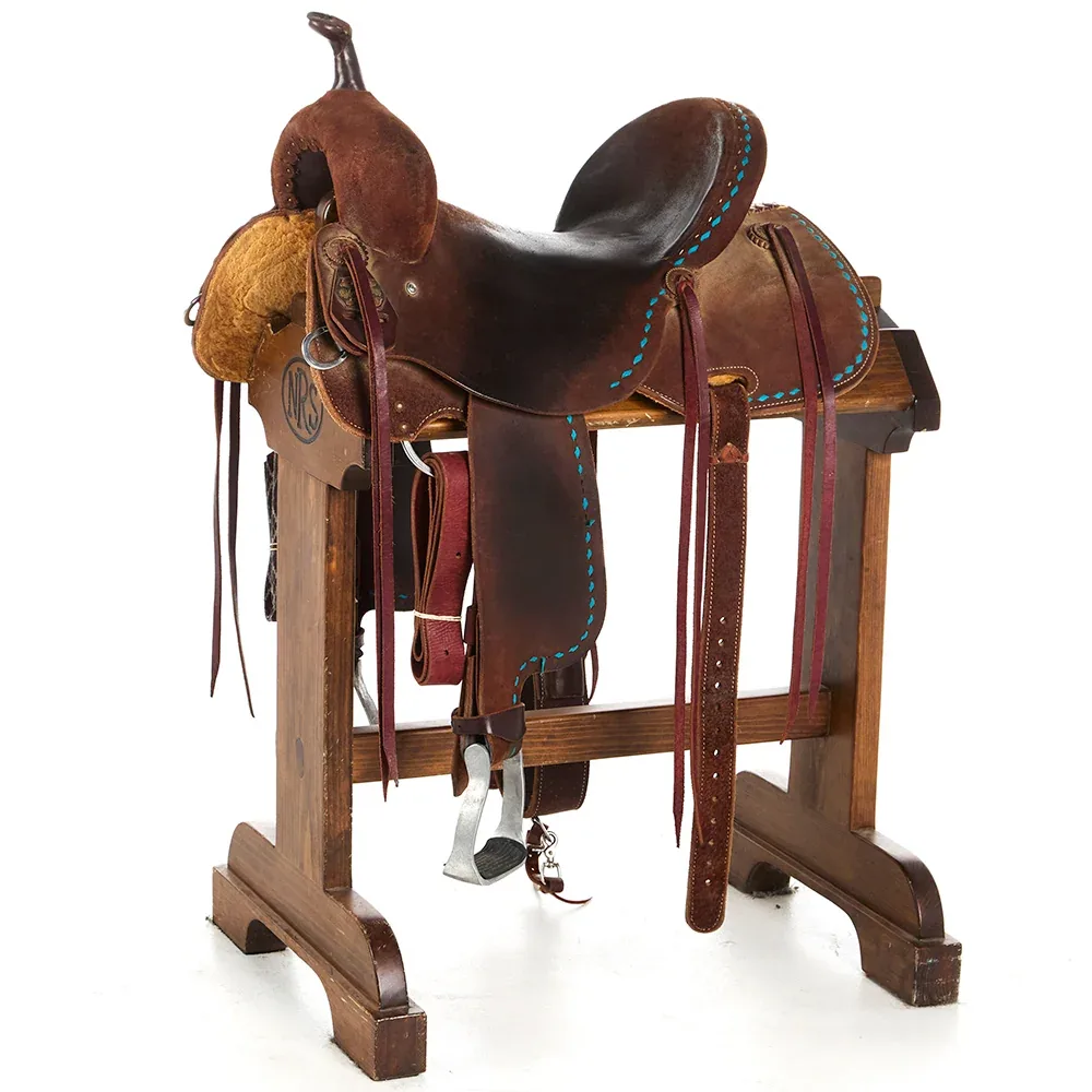 Robert Teskey Used 15in Chocolate with Turquoise Buckstitch Barrel Saddle