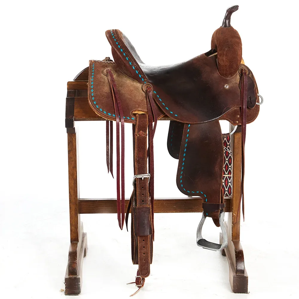 Robert Teskey Used 15in Chocolate with Turquoise Buckstitch Barrel Saddle - Image 2