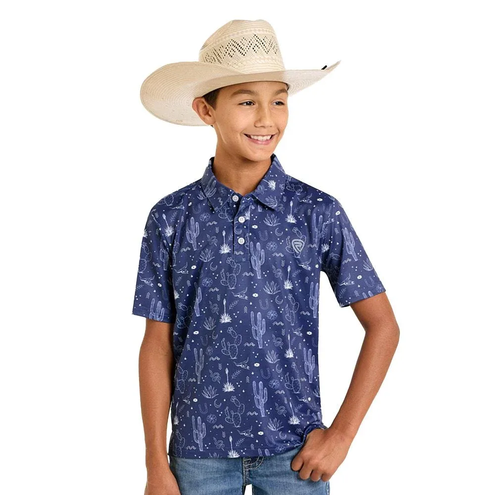 Rock & Roll Denim Boy's Navy Cactus Print Polo