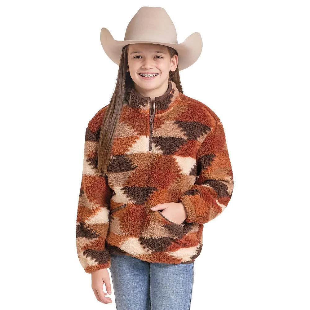 Rock & Roll Denim Girl's Brown Hexagon Print Sherpa Jacket