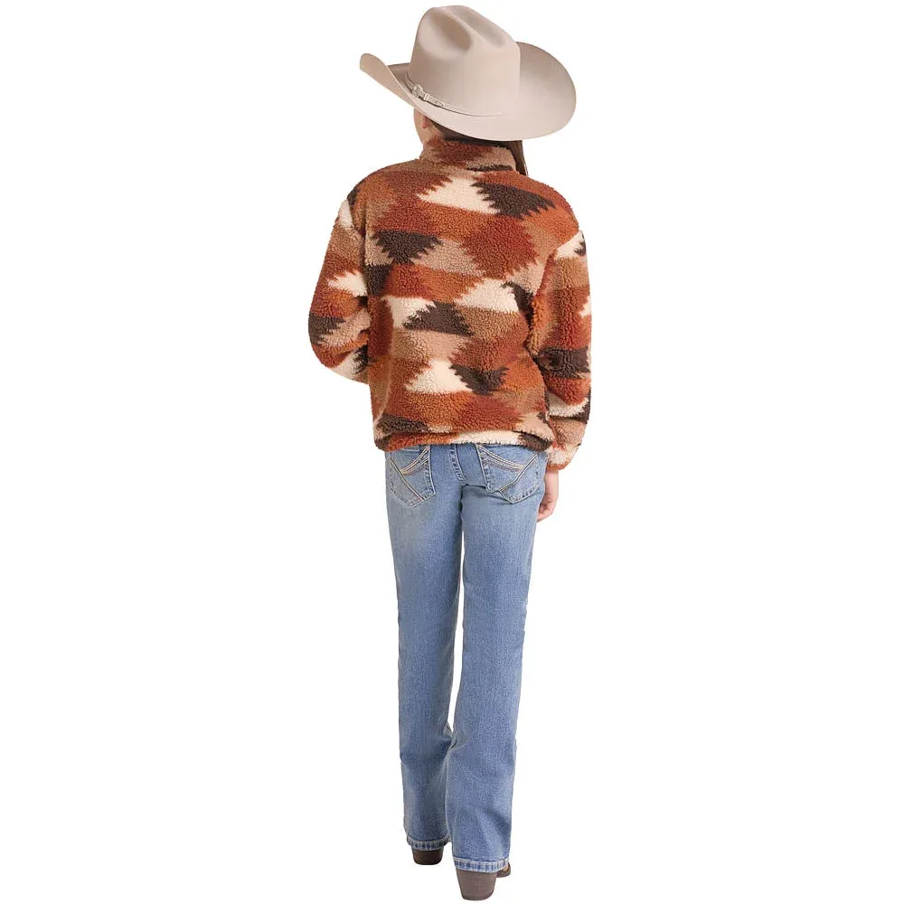 Rock & Roll Denim Girl's Brown Hexagon Print Sherpa Jacket - Image 2