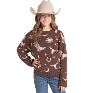 Rock & Roll Denim Girl's Chocolate Print Western Sweater