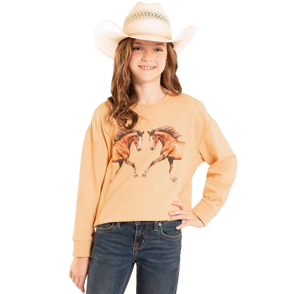 Rock & Roll Denim Girl's Tan Horse Graphic Pullover