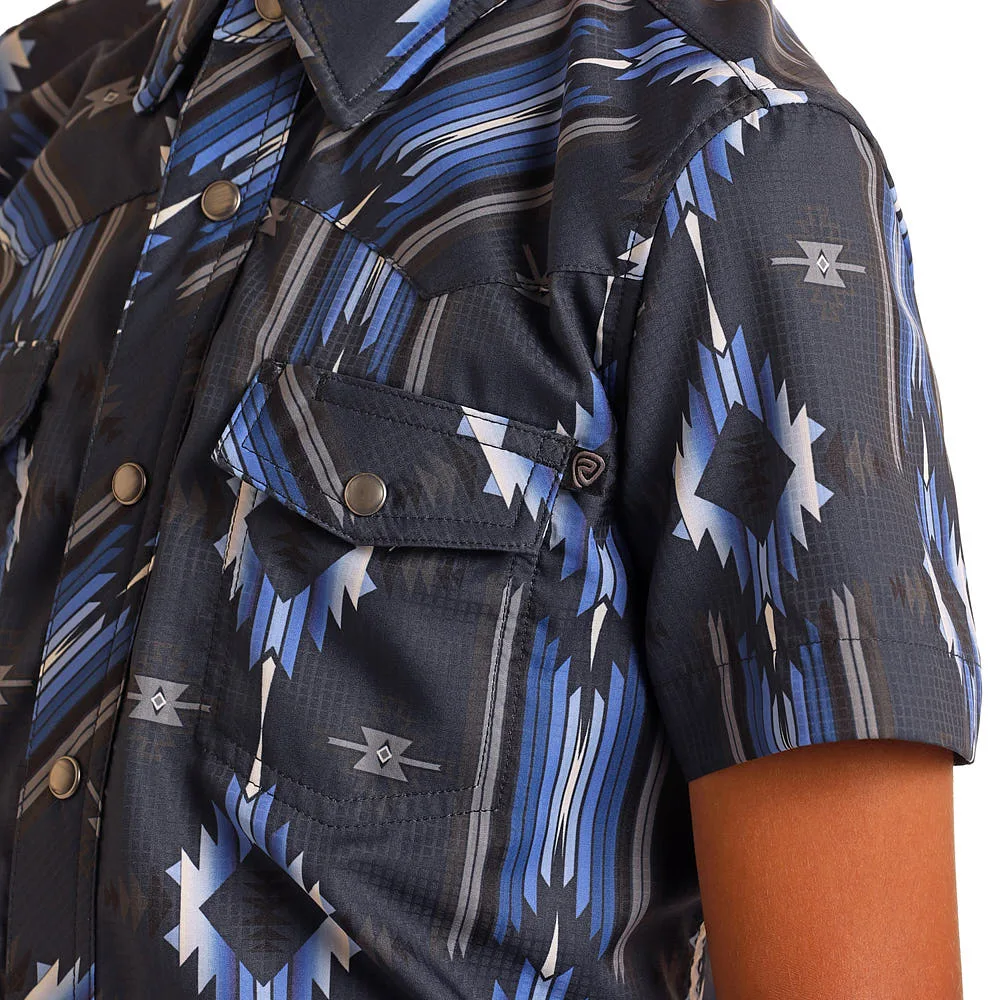 Rock & Roll Denim n Boys Navy Aztec Tek Western Short Sleeve Snap Shirt - Image 2
