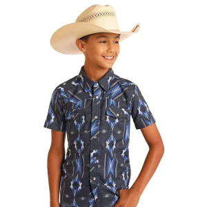 Rock & Roll Denim n Boys Navy Aztec Tek Western Short Sleeve Snap Shirt