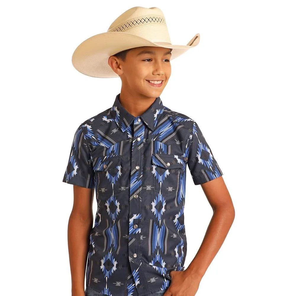 Rock & Roll Denim n Boys Navy Aztec Tek Western Short Sleeve Snap Shirt