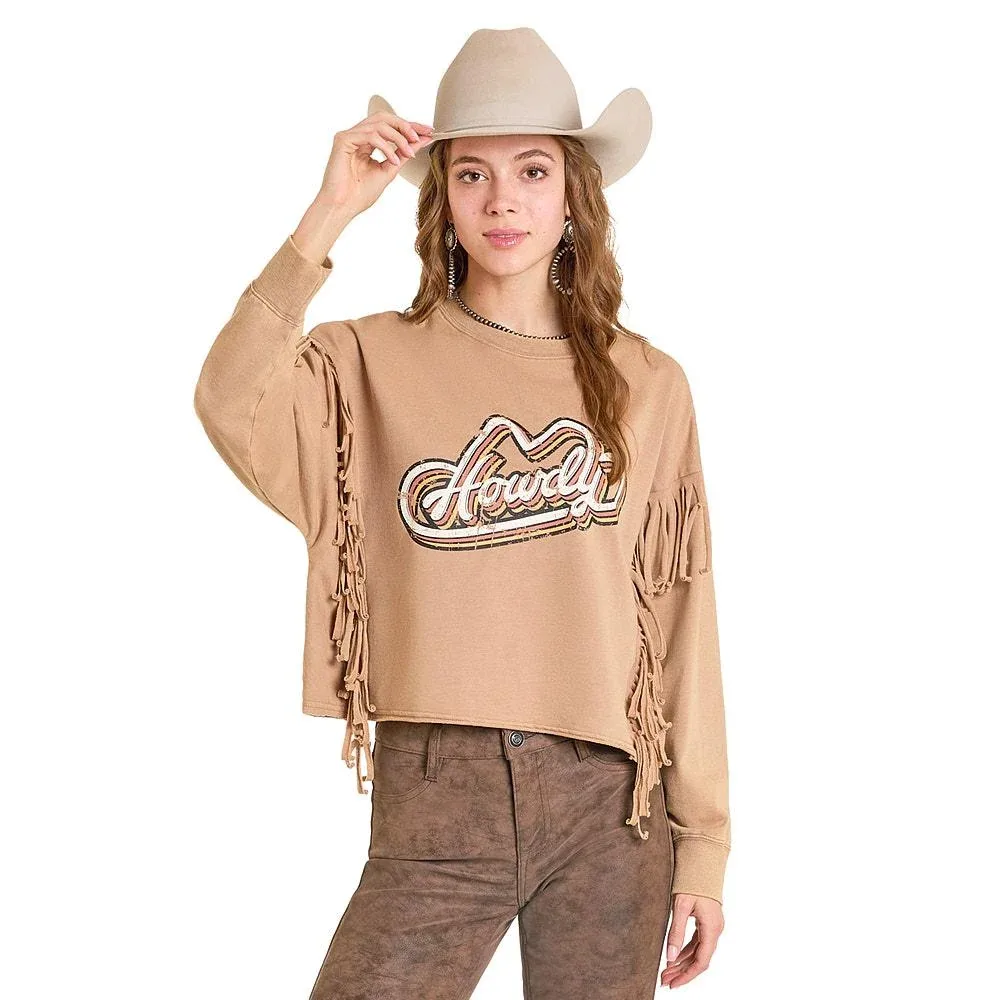 Rock & Roll Denim Women's Beige Howdy Fringe Pullover