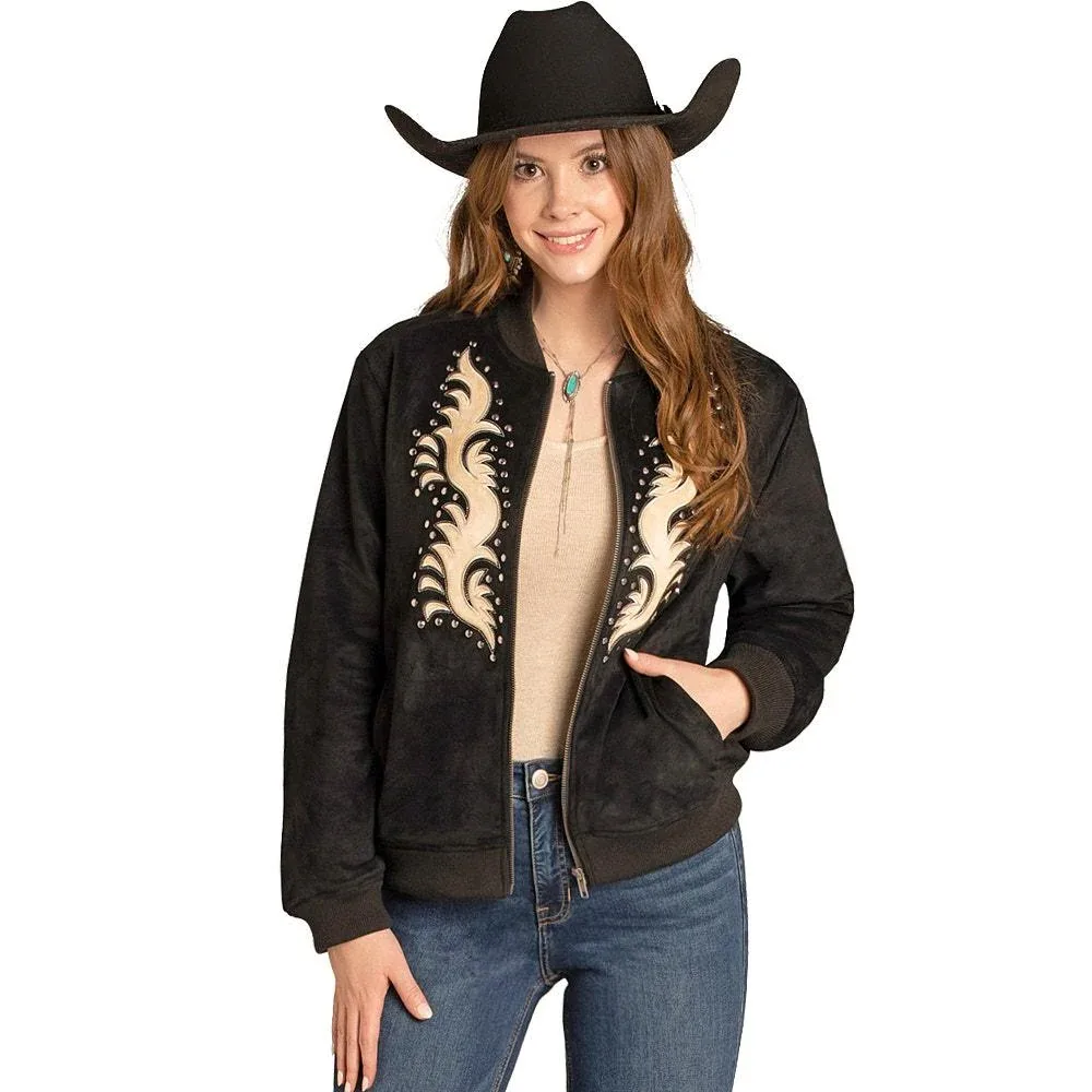 Rock & Roll Denim Women's Black Microsuede Applique Bomber