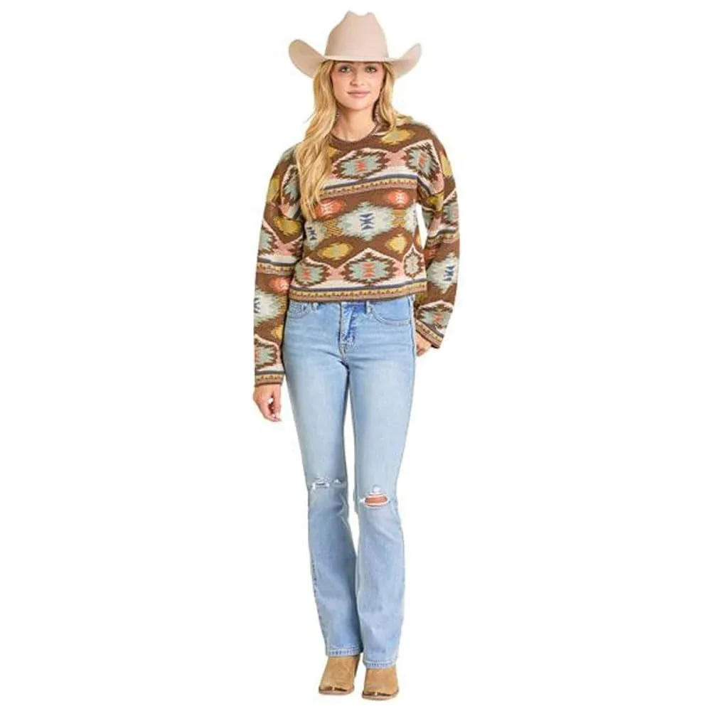 Rock & Roll Denim Womens Brown Aztec Sweater