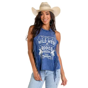 Rock & Roll Denim Women's Navy Graphic Fringe Tank