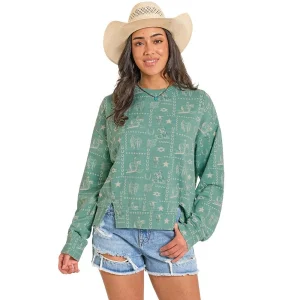 Rock & Roll Denim Women's Turquoise Conversational Pullover