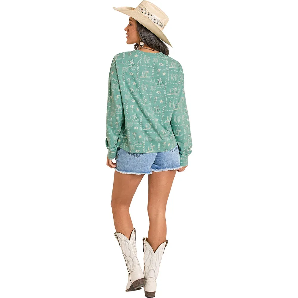 Rock & Roll Denim Women's Turquoise Conversational Pullover - Image 2