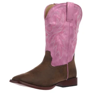 Roper Footwear Big Kid's Gretchen Brown Square Toe with Pink Metallic Shaft Boot