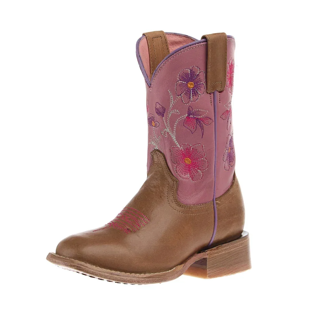 Roper Footwear Kid's Waxy Tan Vamp 8in Pink Flower Embroidered Top
