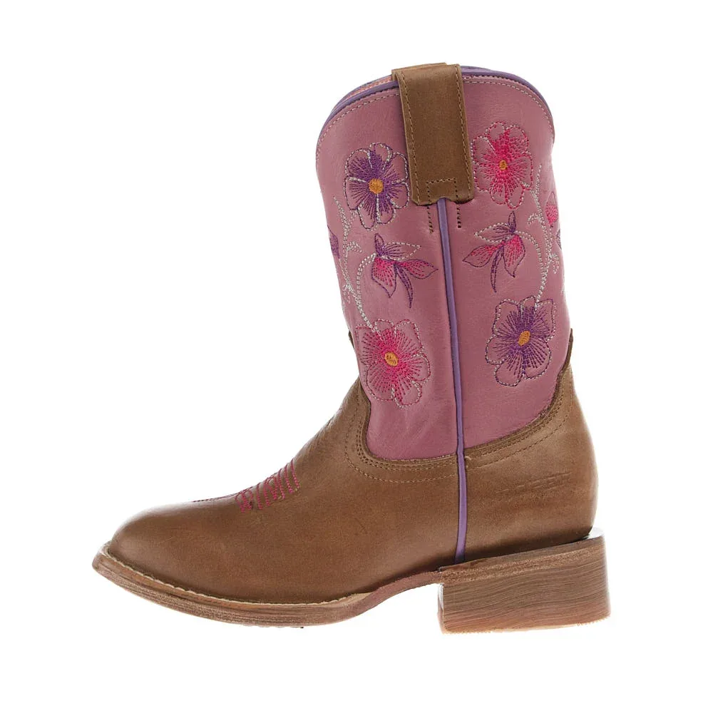 Roper Footwear Kid's Waxy Tan Vamp 8in Pink Flower Embroidered Top - Image 2