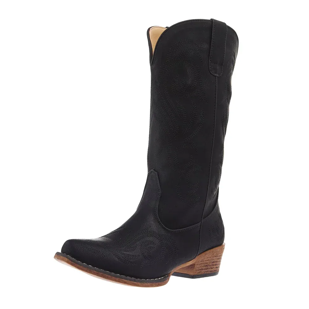Roper Footwear Women's Black Vintage Faux Leather 12in Western Embroidered Top