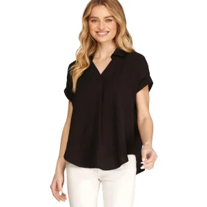 She & Sky Womens Black Drop Shoulder Top