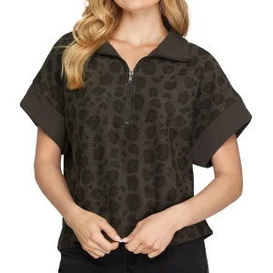 She & Sky Women's Charcoal Leopard Half Zip Top