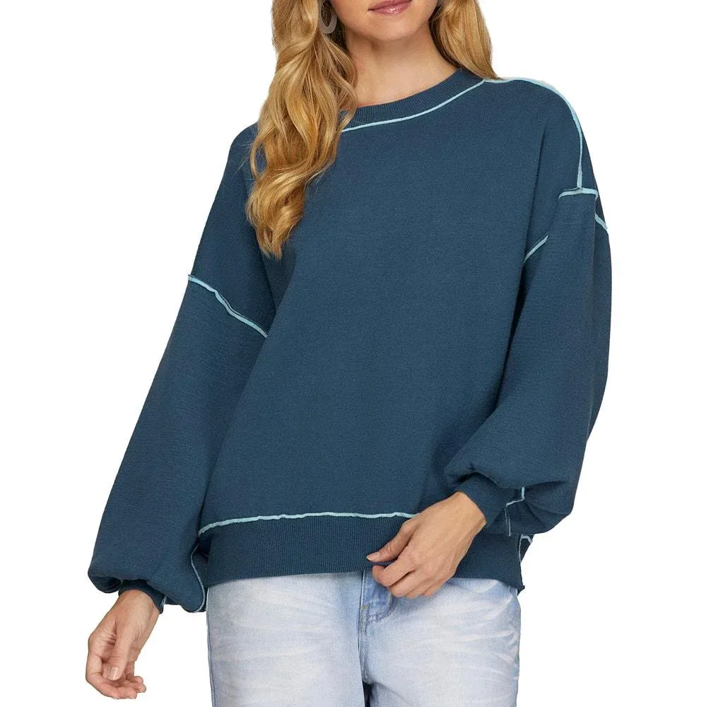 She & Sky Women's Dusty Blue Contrast Seam Sweatshirt