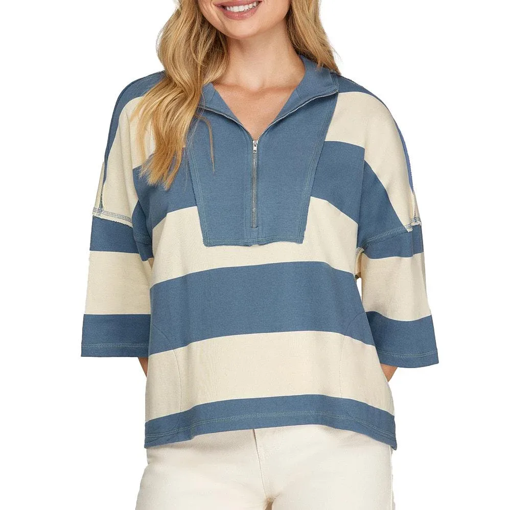 She & Sky Women's Dusty Blue Rugby Stripe Boxy Top