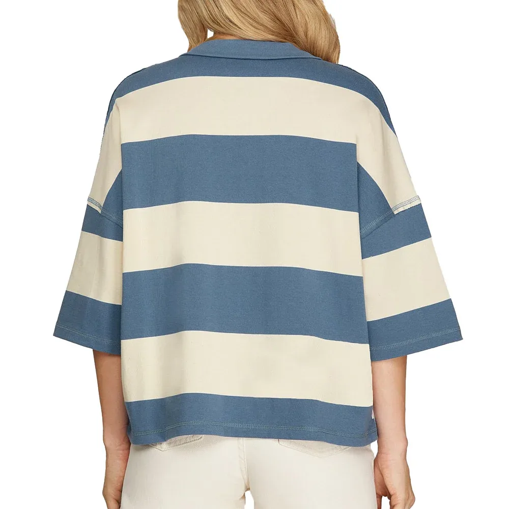 She & Sky Women's Dusty Blue Rugby Stripe Boxy Top - Image 2