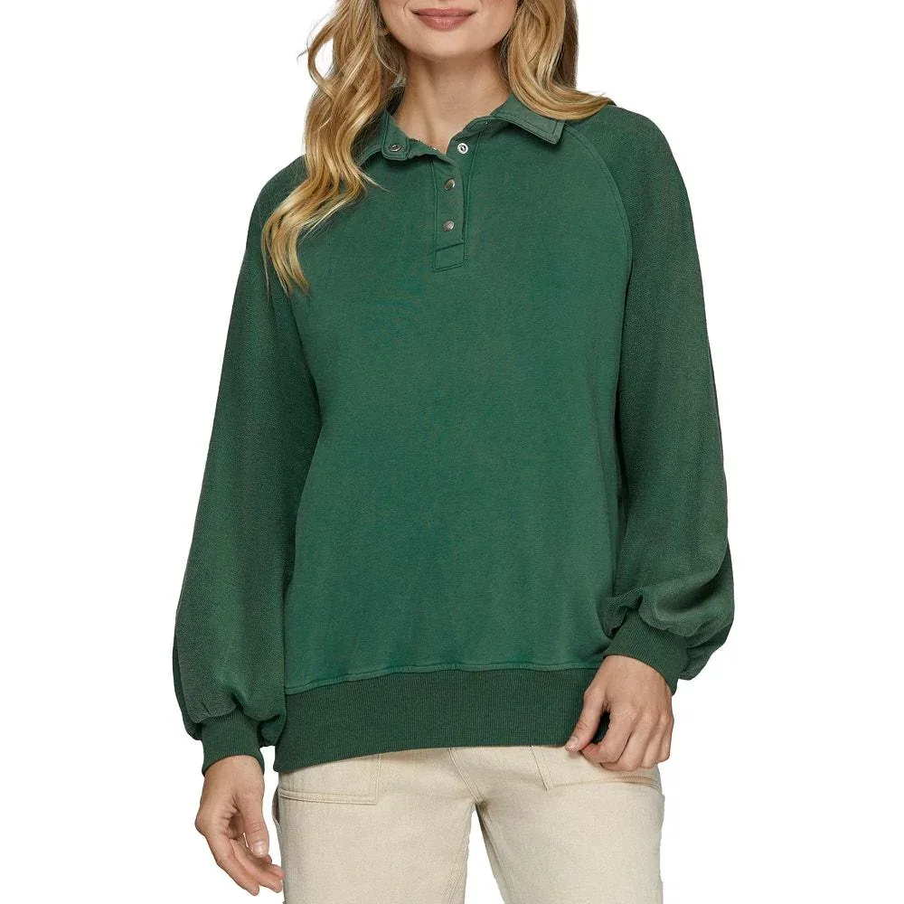 She & Sky Women's Green Snap Collard Sweatshirt