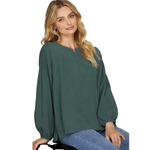 She & Sky Womens Hunter Green Pintuck Long Sleeve Top