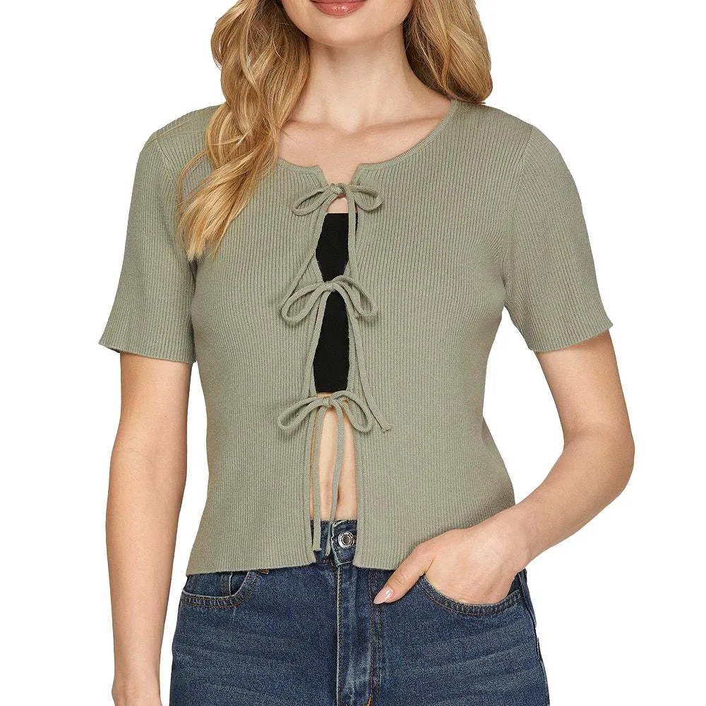She & Sky Women's Olive Tie Front Top