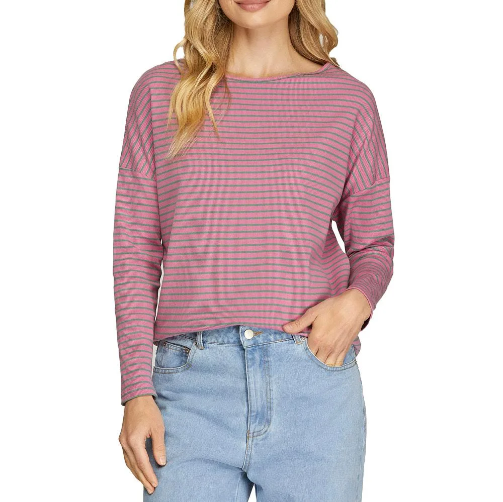 She & Sky Women's Pink Stripe Long Sleeve Top