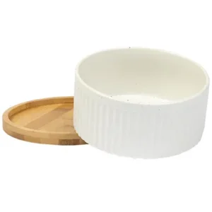 Silver Paw White Ribbed Ceramic Dog Bowl w/ Bamboo Base