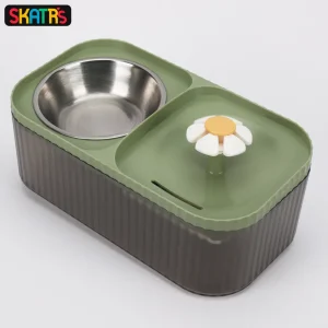 Skatrs Water Fountain with Food Bowl & Adapter for Dogs and Cats (Green)