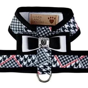 Susan Lanci Classic Glen Houndstooth Big Bow Tinkie Harness with Tuxedo Big Bow and Black Trim