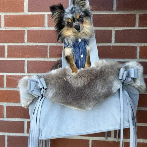 Susan Lanci Luxury Purse Carrier Collection- Nouveau Bow w-Fringe Platinum w-Soft Silver Fox Faux Fur