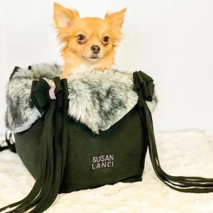 Susan Lanci Luxury Purse Carrier Collection- Nouveau Bow with Fringe Black with Grey Black Tipped Faux Fur