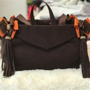 Susan Lanci Luxury Purse Carrier Collection- Ultrasuede in Cholocate and Orange Nouveau Bow