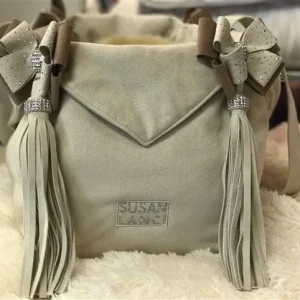 Susan Lanci Luxury Purse Carrier Collection- Ultrasuede in Doe and Fawn Nouveau Bow