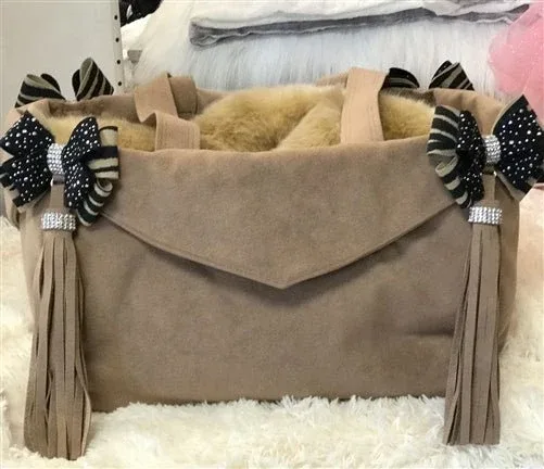 Susan Lanci Luxury Purse Carrier Collection- Ultrasuede in Fawn and Serengeti Nouveau Bow - Image 2