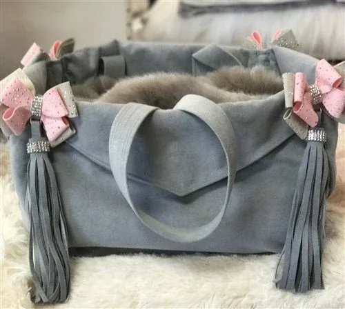 Susan Lanci Luxury Purse Carrier Collection- Ultrasuede in Platinum and Puppy Pink Nouveau Bow - Image 2